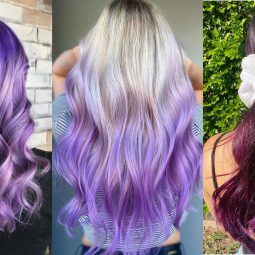 Three women with wavy purple ombre hair