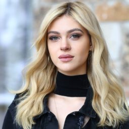 Blonde hair: Close up shot of Nicola Anne Peltz with dark roots and buttery blonde hair.